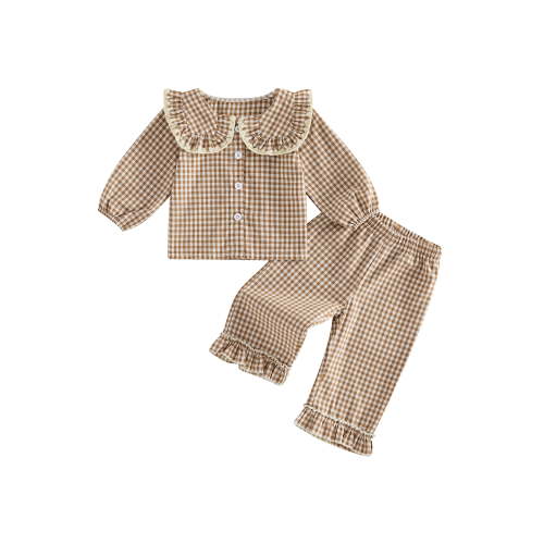 Loicainy Toddler Baby Girls Plaid Outfit 6 12 18 24 Months 2T 3T 4T 5T Long Sleeve Button Down Tops with Ruffle Pants 2Pcs Clothes Set