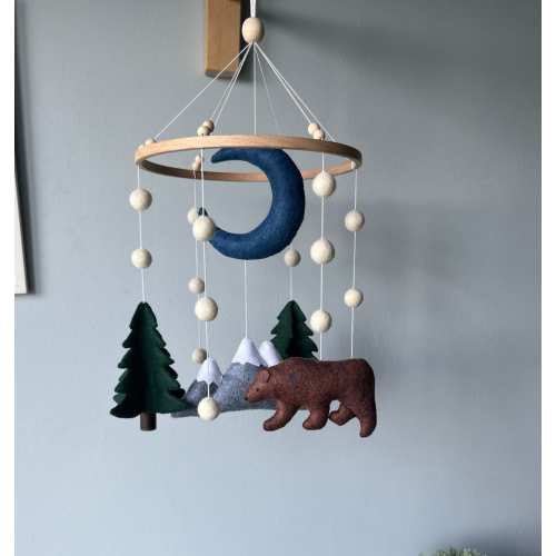 Forest baby mobile, mountains and trees crib mobile, green floral baby mobile, hanging mobile, woodland crib mobile, bear nursery mobile