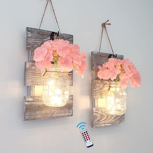 Besuerte Rustic Wall Decor, Wall Hanging Decor Farmhouse Wall Sconces Set of Two with LED Fairy Lights and Pink Flowers, Wall Decor for Dining Room, Living Room, Home Decor(Large,Rustic Gray)
