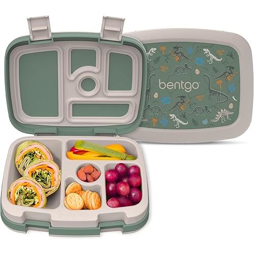 Bentgo Kids Prints Leak-Proof, 5-Compartment Bento-Style Kids Lunch Box - Ideal Portion Sizes for Ages 3-7, Durable, Drop-Proof, Dishwasher Safe, & PFAS & BPA-Free Materials (Dino Fossils)
