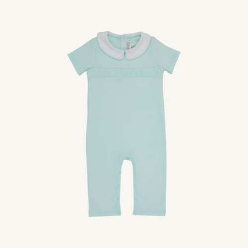 Short Sleeve Samuel Smocked Romper - Sea Island Seafoam with Worth Avenue White
