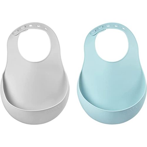 BEABA Silicone Baby Bib, Baby Bibs with Baby Food Catcher, Baby Boy Bibs Baby Girl Bibs, Baby Essentials for Feeding, 2 Pack