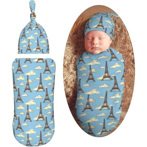 Eiffel Towers Cartoon Newborn Swaddle Blankets Hat Sets Soft Baby Receiving Blanket Swaddle Sack for Baby Shower Infant Boy Girl Gift