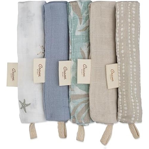 Crane Baby Wash Cloth Set, 100% Cotton Baby Washcloths, Set of 5 Baby Washcloths, Sea Life Starfish Theme, Baby Washcloths for Newborn, Muslin Baby Washcloths, Newborn Baby Gift, Baby Registry Gift