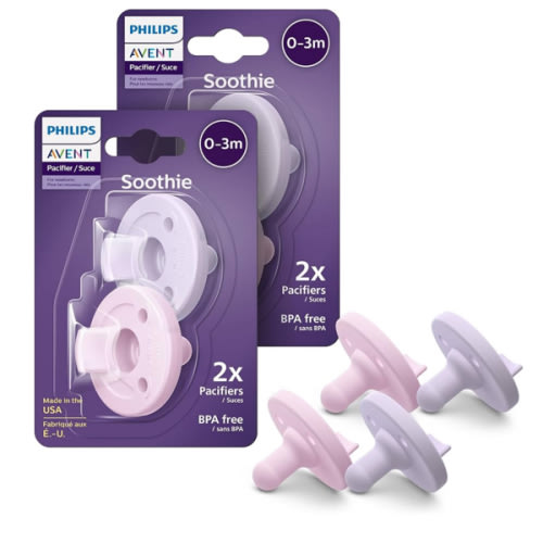 Philips Avent Soothie Orthodontic Baby Pacifiers, 100% Silicone Pacifiers, One Piece, BPA-Free, for Babies 0-3 Months, 2 Lilac and 2 Pink, 4 Pack, Model SCF190/70