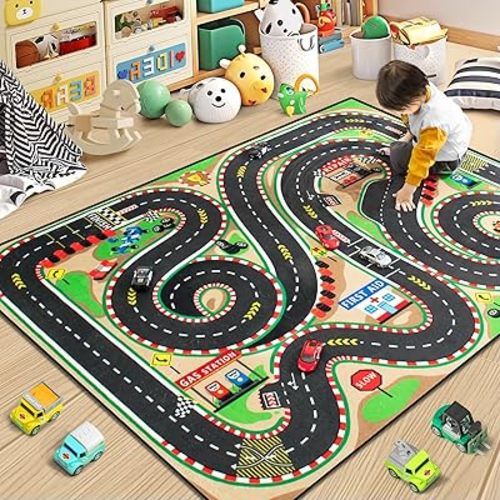 Kids Rug, Race Track Baby Play Mats, Realistic 3D Cascading Surround Route,5x7 Ft Kids Rug for Playroom, Great for Playing with Cars and Toys, Non-Slip Car Carpet
