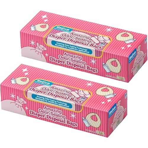 BOS Amazing Odor Sealing Baby Diaper Disposal Bags - Durable and Unscented [Size: M, Color: Pink] (90 count, Pack of 2) (180 Bags)