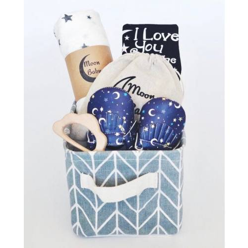 Organic Baby Gift Basket - Moon & Star - moccasins, wooden toy, blanket, bodysuit, I love you to the moon and back