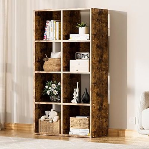 COMHOMA 8 Wood Cube Storage Organizer with Open Back and Removable Back Panels, 11In Brown Cube Storage Bookshelf, Cubicle Shelf Bookcase for Home Office Bedroom Living Room, Vertical or Horizontal