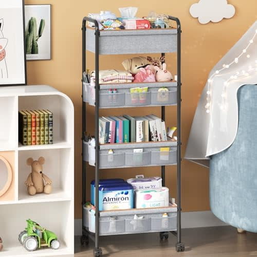 4-Tier Baby Diaper Caddy Cart Organizer,Mobile Nursery Baby Dresser Clothes Organizer with Wheels,with 2 Dividers & 21 Mesh Pockets，Metal Utility Cart for Nursery,Bedroom,Bathroom