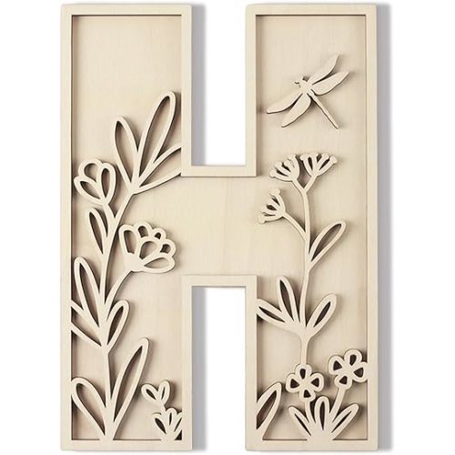 Layered 12 Inch Large Wooden Letters for Wall Decor, Flowered Paintable Wooden Nursery Letters for Crafts Wood Alphabet Letter H for Birthday Boho Nursery Name Sign Wedding Home Decoration