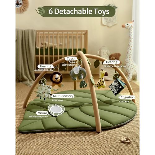 Blissful Diary Baby Play Gym & Activity Mat, Oversize Leaf Shaped Baby Play Mat with 6 Detachable Toys, Tummy Time Mat Promote Motor Skills & Sensory Development Mat for Newborn Infant Baby Essentials
