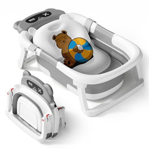 AVIDOR Baby Bathtub,Collapsible Bathtub for Newborn to Toddler,Durable Essential Infant Bath Tub,Portable Travel Baby Bathtub with Soft Cushion,No-Slip Hanging and Detachable Bathtub(Grey)