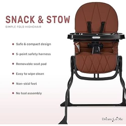 Dream On Me Snack and Stow Baby high Chair in Cognac, Easy to fold and Store Travel high Chair, Removable and Three Position Adjustable Tray Portable high Chair