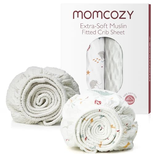 Momcozy Muslin Standard Fitted Crib Sheets, 52"x28", 2 Pack Soft Breathable Natural Cotton Baby Mattress Sheet, 360° Mattress Wrapping No Slip Boys Girls Neutral Toddler Bed Sheet, Sea World Fantasy