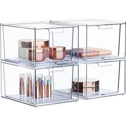 Sorbus 4 Pack Makeup Organizer - Clear Stackable Acrylic Drawer Organizer for Vanity, Bathroom, Undersink, Cabinets, Jewelry, Stationary, Plastic Storage Bins for Office Organization and Storage