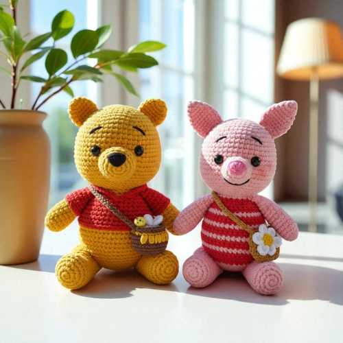 Winnie The Pooh Bear And Piglet Plush Set, Handmade Crochet Stuffed Animal Toys, Cute Amigurumi Gift For Kids Or Nursery Decor