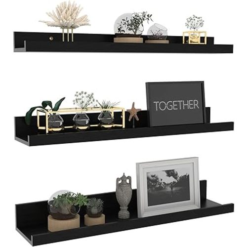 Giftgarden 24 Inch Black Floating Shelves Wall Mounted Woodgrain Picture Ledge Shelf for Storage Bedroom Bathroom Kitchen Living Room Office, Set of 3 Different Sizes