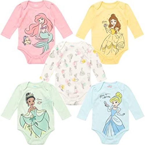 Disney Classics Princess Lion King 101 Dalmations Pumbaa Princess Ariel Timon Baby Girls 5 Pack Bodysuits Newborn to Infant