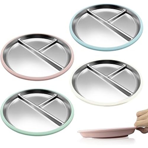 4 Pack Stainless Steel Baby Plates With Suction, 9 Inch Multicolor Divided Toddler Plates with Extra-Large One-Piece Silicone Suction Base | Baby, Toddler, Kids| Dinner & Snack Plates