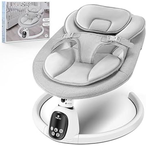 T TICCI Baby Swings for Infants, 5 Speed Bluetooth Baby Bouncer, Motorized Bluetooth Swing, Built-in 3 Timer Settings, Music Speaker, Remote Control, 0-6 Months, Grey