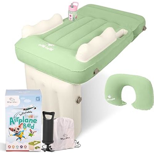 Toddler Airplane Bed - Inflatable Toddler Travel Bed w/Child Neck Cushion, Safety Belt, Carry Bag, Fast-Pump, Cup Holder & Storage Pocket - Airplane Seat Extender for Kids (Sage Green)