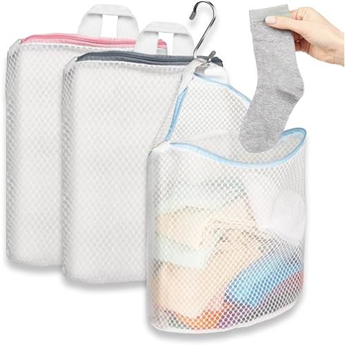 3Pcs Hanging Laundry Bags for Socks with S Hooks, 12 X 10 inch 3 Color Mesh Laundry Bags for Washing Machine