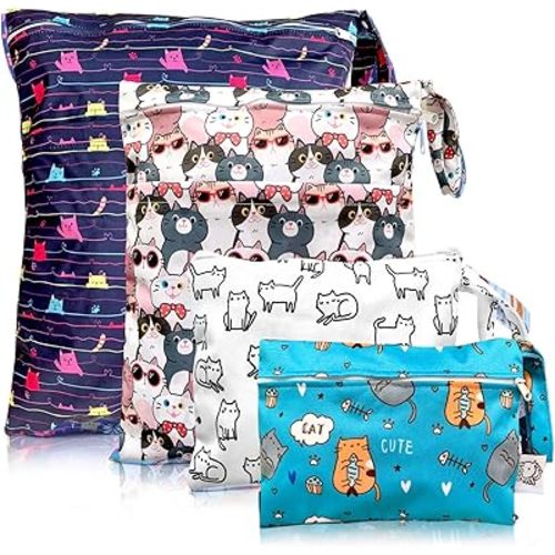 FLOCK THREE 4pcs Waterproof and Reusable Wet Bag Diaper Stroller Water Resistant Swimsuit Travel Toiletries Yoga Gym Washable Carrier Small Medium Large Cat 4 Pack