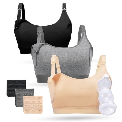 Momcozy Pumping Bra, Pumping Bra Hands Free 3 Pack Comfortable All Day Wear Pumping and Nursing Bra in One Holding Breast Pump for Spectra, Lansinoh, Medela - X-Large - Black,grey,skin-3pk