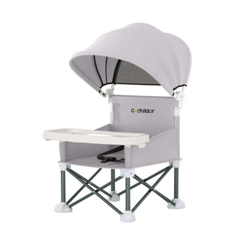 Cochildor 4-in-1 Portable Booster Seat with Tray, Removable Canopy & Carry Bag – for Indoor Outdoor Use, Ages 6-36 Months, Up to 37 lbs, Gray