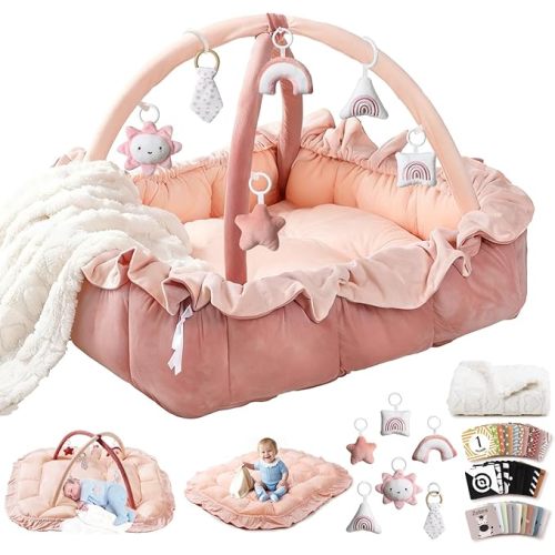 5-in-1 Plush Baby Play Gym, Baby Play Mats, Convertible Baby Gym with Blanket and 6 Toys, Tummy time mat, Baby Activity Center from Newborn to Toddler, Baby Gym, Ball Pit, No Ball Included, Pink
