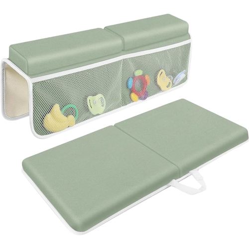 JJGoo Bath Kneeler with Elbow Rest Pad Set, 1.5 inch Kneeling Pad Mat for Bathtub Baby Bathing Parents, Painless Foam Mat with Toy Organizer Pockets, Non-Slip for Baby and Toddler Bathing