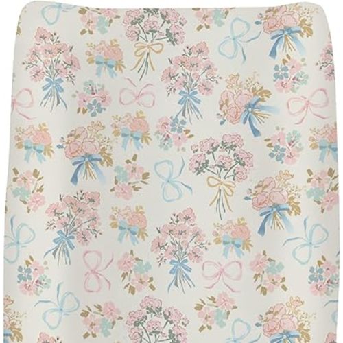 Pastel Floral Bows Baby Changing Pad Covers for Boys Girls Preppy Floral Pink Blue Bows Fitted Change Table Covers Mats Boho Flowers Spring Garden Soft Diaper Changing Table Sheets 32''×16''