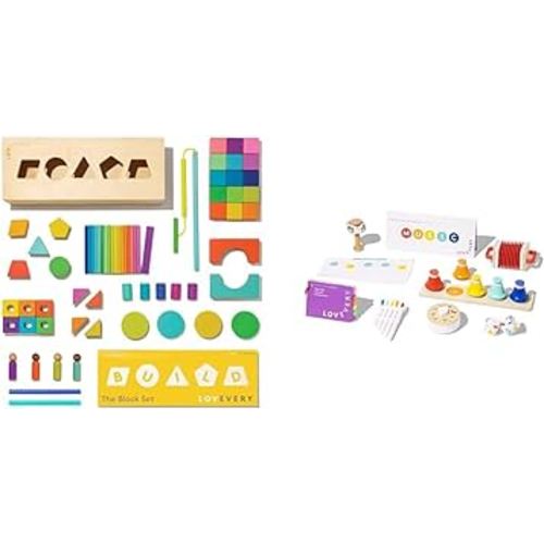 Lovevery | The Block Set | Solid Wood Building Blocks and Shapes + Wooden Storage Box, 70 Pieces & The Music Set | 6 Instruments and Rhythm & Songs Book, Toddler and Kids Music Toys
