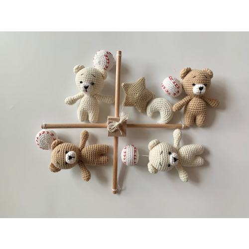 Baby Mobile - Crochet Teddy Bears With Baseball - Handmade