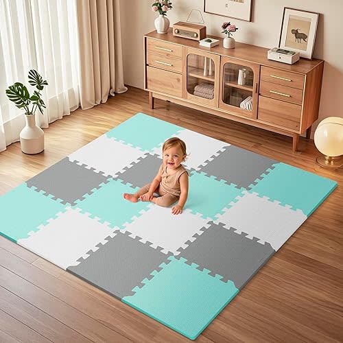 16Pcs Baby Play Mat for Floor, Foam Floor Tiles for Kids with Interlocking, Squares Foam Puzzle Carpet for Playroom, Crawling Rug for Babies 6-12 Months,Toddlers,11.8*11.8*0.6In Each,Grey White Blue