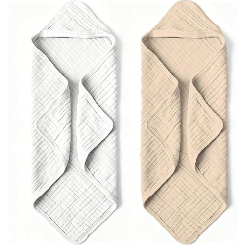 Organic Muslin Hooded Baby Bath Towels - 2 Pack 100% Organic Cotton Towel for Babies, Infants, Toddlers - 32x32Inch - Highly Absorbent and Newborn Essential(Brown Grey)