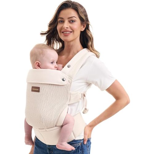 Momcozy Breathable Baby Carrier, Ergonomic and Lightweight Infant Carrier for 7-45lbs with Enhanced Lumbar Support, All Day Comfort for Hands-Free Parenting, Air Mesh-Apricot