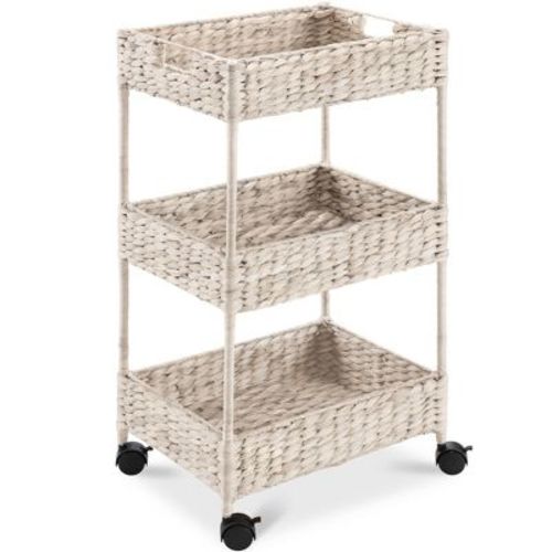 Best Choice Products 3-Tier Water Hyacinth Rolling Nursery Caddy w/ Wheels, Utility Cart, Storage Organization - Whitewash