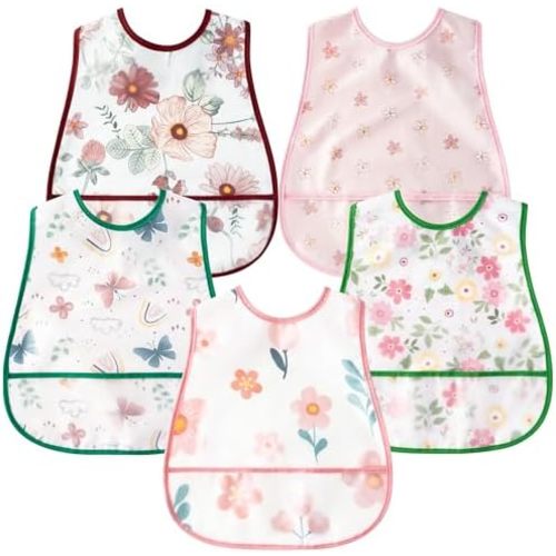R HORSE 5Pcs Baby Bibs Set Toddler Bibs with Crumb Catcher Pocket & Snap Button Waterproof Baby Feeding Bibs for 6-24 Months