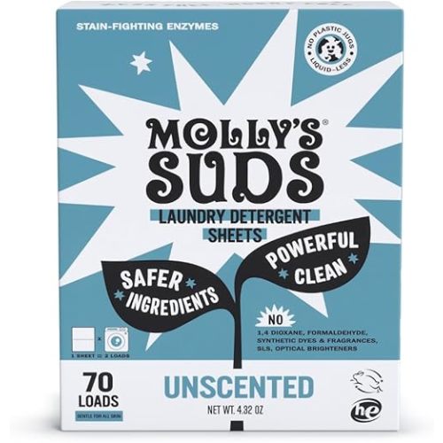 Molly’s Suds Laundry Detergent Sheets | Gentle on Sensitive Skin, Powerful Bio-Based Enzymes, Stain-Fighting | Liquidless & Plastic-Free Packaging | 70 Loads (Unscented)