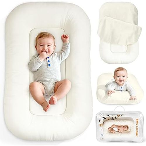 Baby Lounger & Nest for Newborn 0-24 Months, Baby Nest Supervised Breathable Cotton for Newborn, Newborn Essentials Gifts, Breathable Portable Infant Lounnger for Travel and Home(White