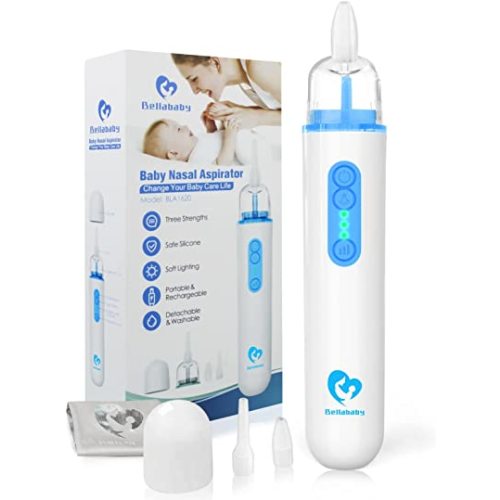 Baby Nasal Aspirator, Bellababy Baby Nose Sucker, Baby Booger/ Snot Remover with 3 Suction Levels, 2 Tips and Light Soothing Function, Rechargeable, Mute, Anti-Backflow, with Carrying Bag (Dark Blue)