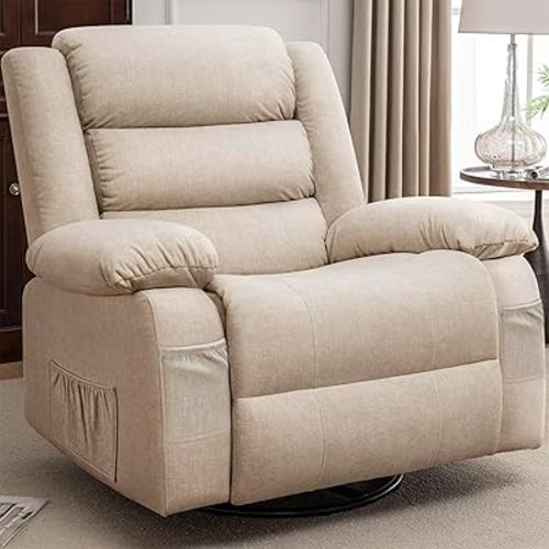 Recliner Chair, Wide Rocker Chair, Rocking Chair with Massage and Heat,360°Swivel Nursery Rocking Chairs, Oversized Recliner for Adults, Cashmere Reclining Sofa for Living Room, Khaki