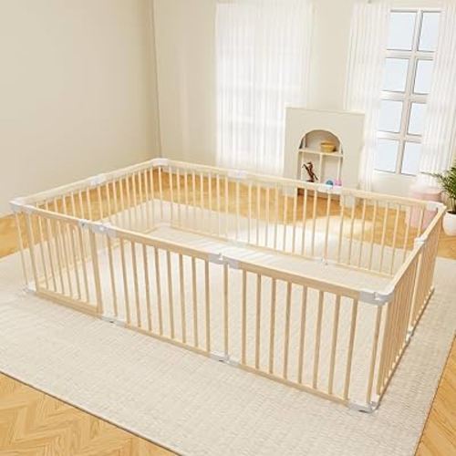 Baby Playpen, Playpen for Babies and Toddlers, Foldable Wooden Play Yard with Gate, Adjustable Baby Activity Center with Child Proof Lock, Fence Play Area for Toddlers 1-3(56 * 83 * 24inch)