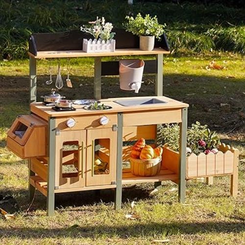 ROBOTIME Mud Kitchen for Kids Outdoor, Wood Outdoor Kitchen with Insect Observation Box & Planter Box, Toddler Play Kitchen with Removable Sink & Faucet, Pretend Outdoor Playset for Garden Fun