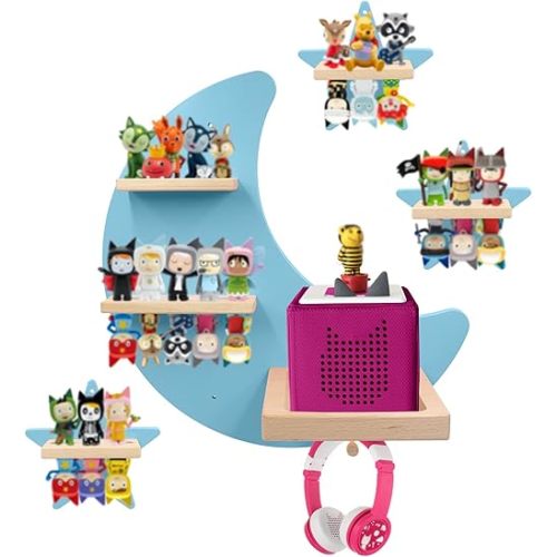 Toniebox Starter Shelf Wall Mounted Set, Magnetic Wooden Floating Shelves for Tonie Figures Storage, Compatible With Tonie Box Player Character for Children's Room (Blue-Moon)