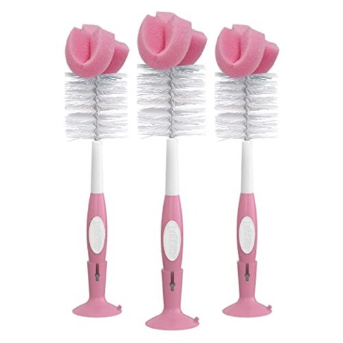 Dr. Brown's Reusable Sponge Baby Bottle Cleaning Brush Set with Suction Cup Stand, Scrubber and Nipple Cleaner, Pink, 3 Pack