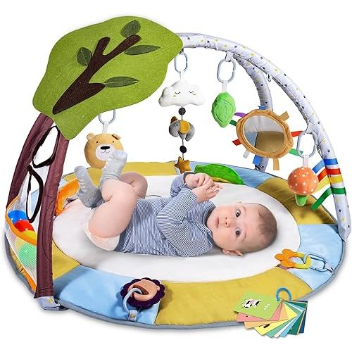 Lupantte Baby Gym Play Mat with 9 Toys for Sensory and Motor Skill Development Language Discovery, Thicker Non-Slip Activity Ball Pit, Green Tree Newborns, Babies to Toddlers as Gift