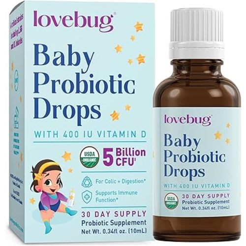 Lovebug Award Winning USDA Organic Probiotic for Infants & Babies | Helps with Colic, Reflux, Diarrhea, Constipation & Gas | Multi-Strain 5 Billion CFU | Liquid Drops | Ages 0-24 Months